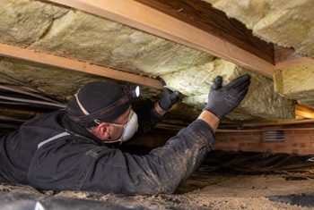 Houten vloer isoleren met minerale wol in de kruipruimte Monteur brengt minerale wol aan tussen de houten vloerbalken in een kruipruimte om de vloer te isoleren