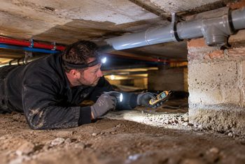 Kruipruimte inspecteren vóór het aanbrengen van isolatie Monteur inspecteert de bodem en fundering van een kruipruimte ter voorbereiding op kruipruimteisolatie