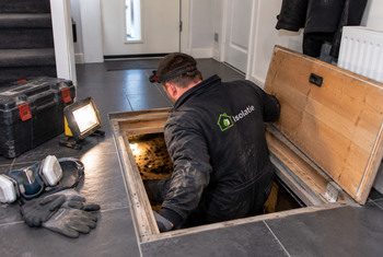 Monteur daalt via een kruipluik in de vloer af naar de kruipruimte om isolatiewerkzaamheden uit te voeren